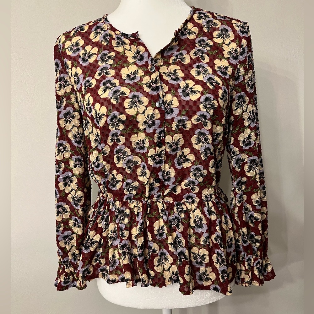 Madewell Drawstring Ruffle-Hem Top in Viola Floral EUC XS Pansy Dusty Burgundy - Picture 6 of 12